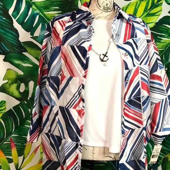 Nwd $68 Alfred Dunner Women's 12 Nautical Patriotic Layered Necklace Blouse Top - Picture 2 of 8